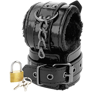 Darkness Handcuffs with Fur and Padlock - black locking handcuffs with padding